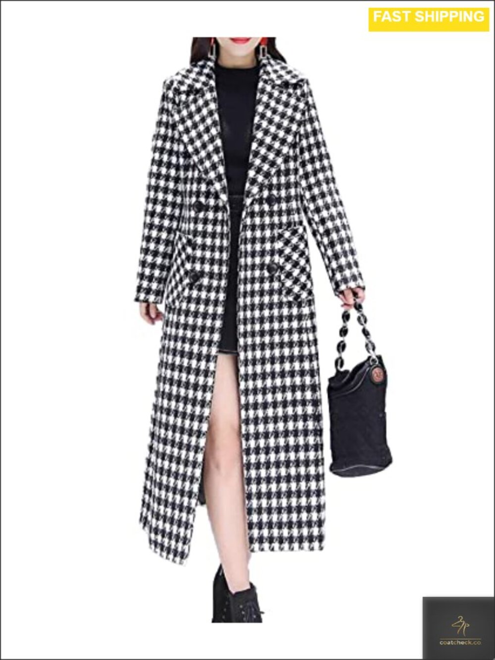 Houndstooth Trench Coat Notched Collar Quilted Lined Long Jacket Pea Coat